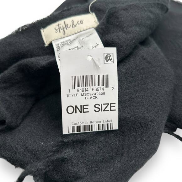 Macy's Black Fringe Trim Scarf Oblong Rectangle Solid Knit Warm Winter - Picture 13 of 13